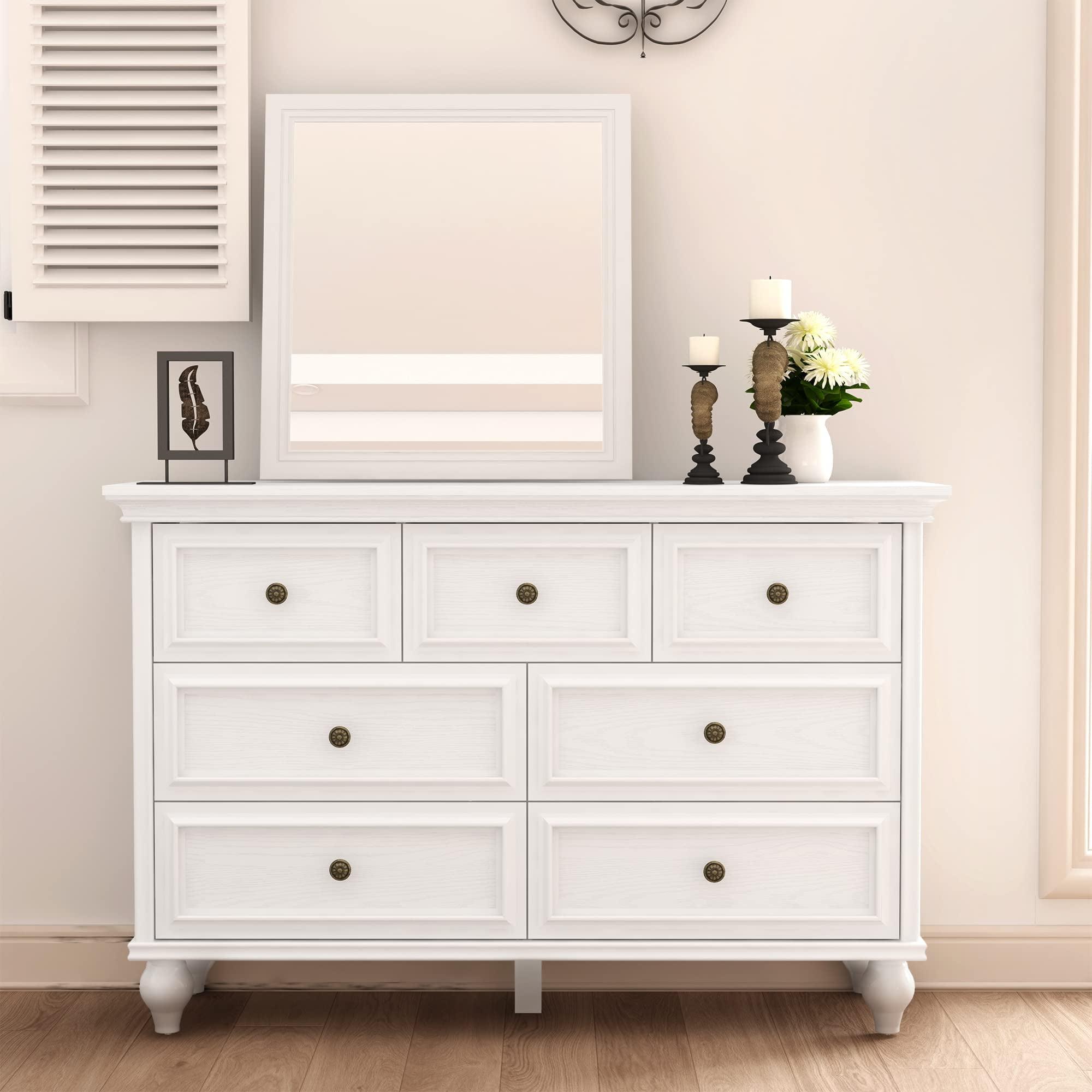 Yesfashion White Dresser, Modern Dresser for Bedroom, 7 Drawer Double Dresser with Wide Drawer and Metal Handles, Wood Dressers & Chests of Drawers for Hallway, Entryway