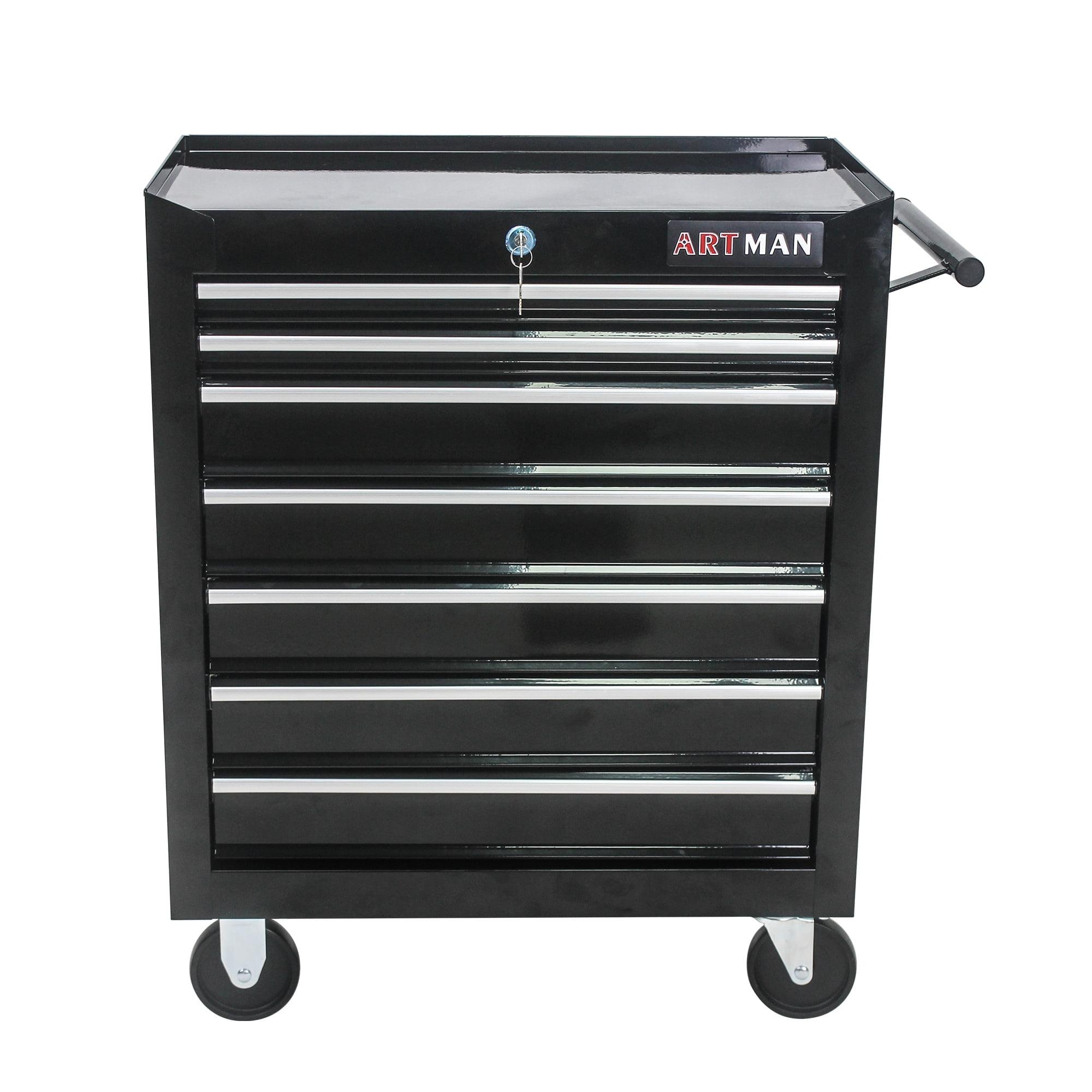 7 Drawer Tool Cart on Wheels, Tool Storage Cabinet with Key Lock, Versatile Rolling Tool Cart for Garages, Warehouses and Repair Shops, Black