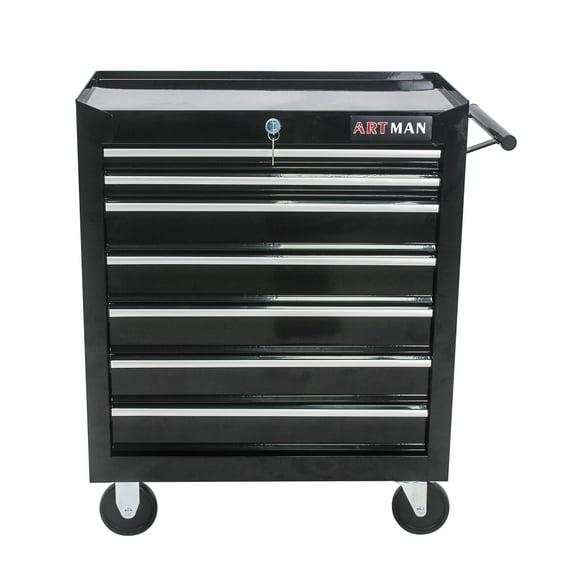 7 Drawer Tool Cart on Wheels, Tool Storage Cabinet with Key Lock, Versatile Rolling Tool Cart for Garages, Warehouses and Repair Shops, Black