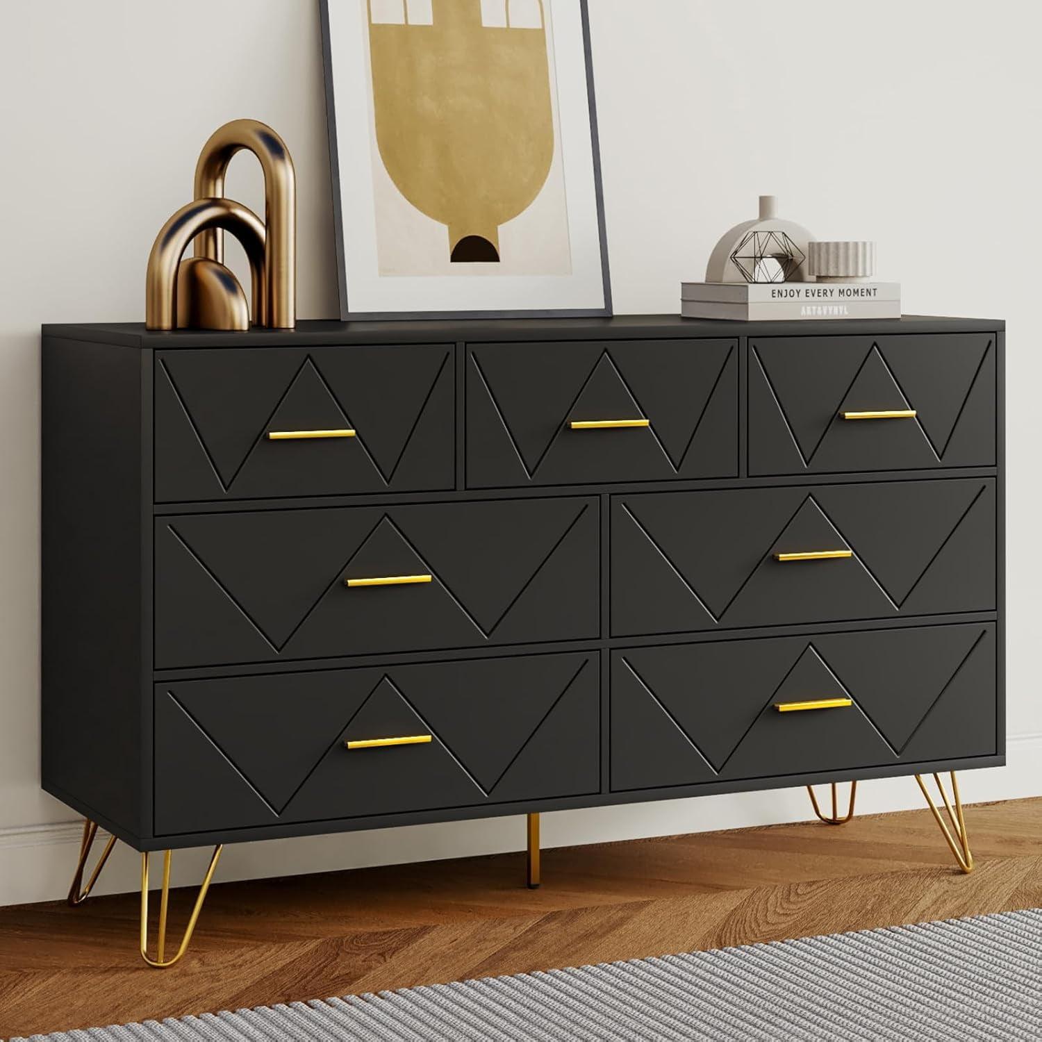 RESOM 7 Drawers Dresser for Bedroom, Black Dresser with Golden Legs & Handles, Wooden Chest of Drawer, Modern Dresser for Living Room, Hallway, Nursery