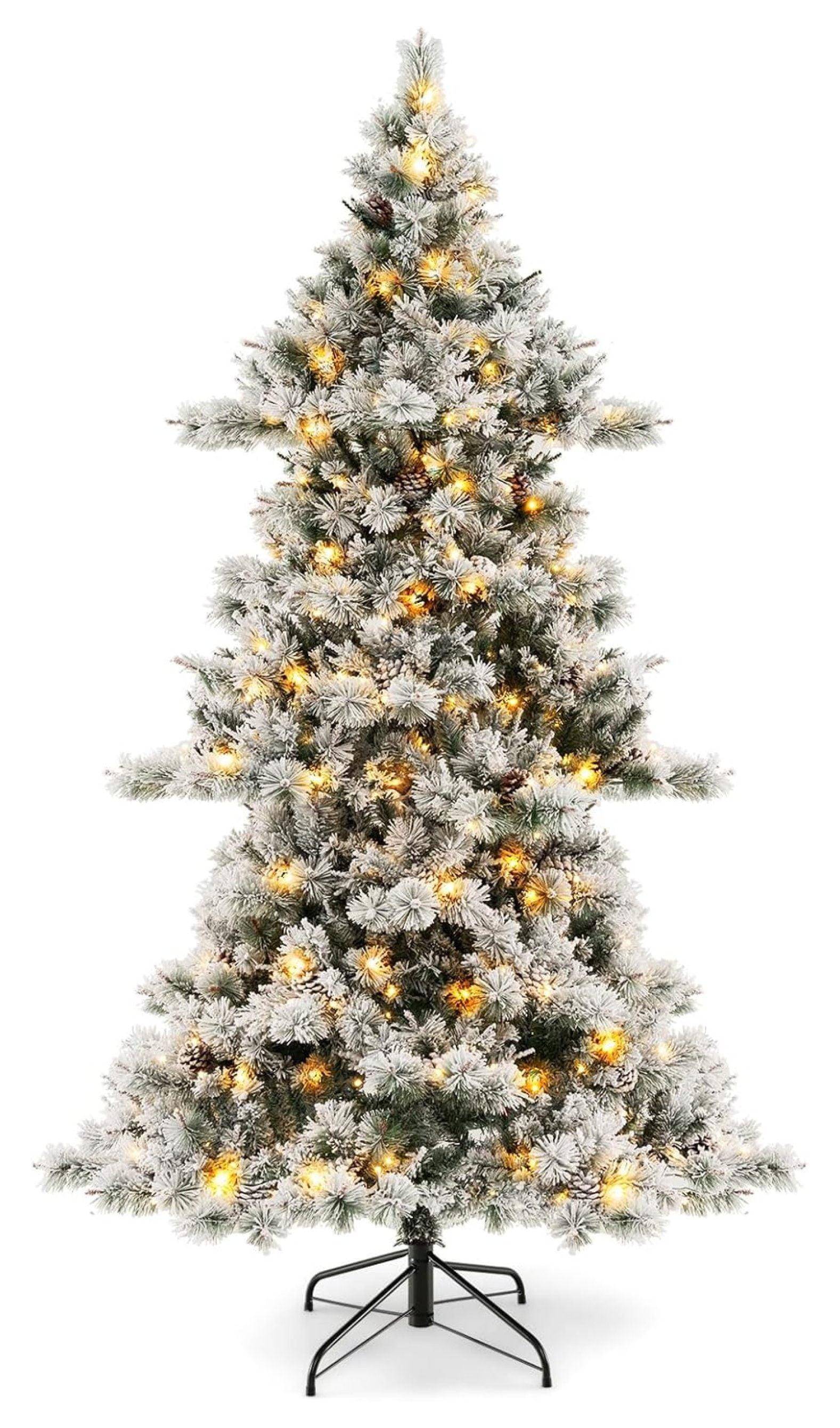 Costway 7 FT Flocked Christmas Tree Hinged Xmas Decoration with 420 LED Lights & 1057 Tips