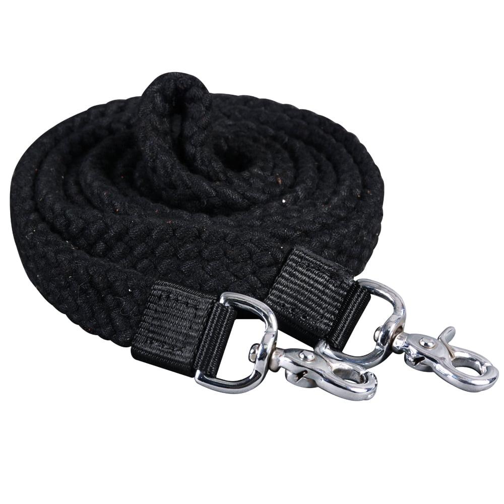 7 Ft Black Braided Flat Cotton Roping Rein with Nickel Snaps