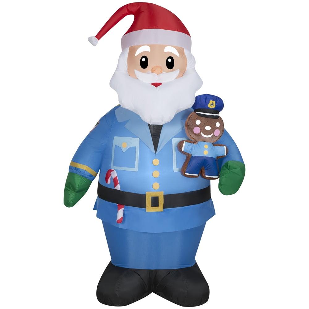 7' Blue Policeman Santa with Gingerbread Man Inflatable Yard Decoration