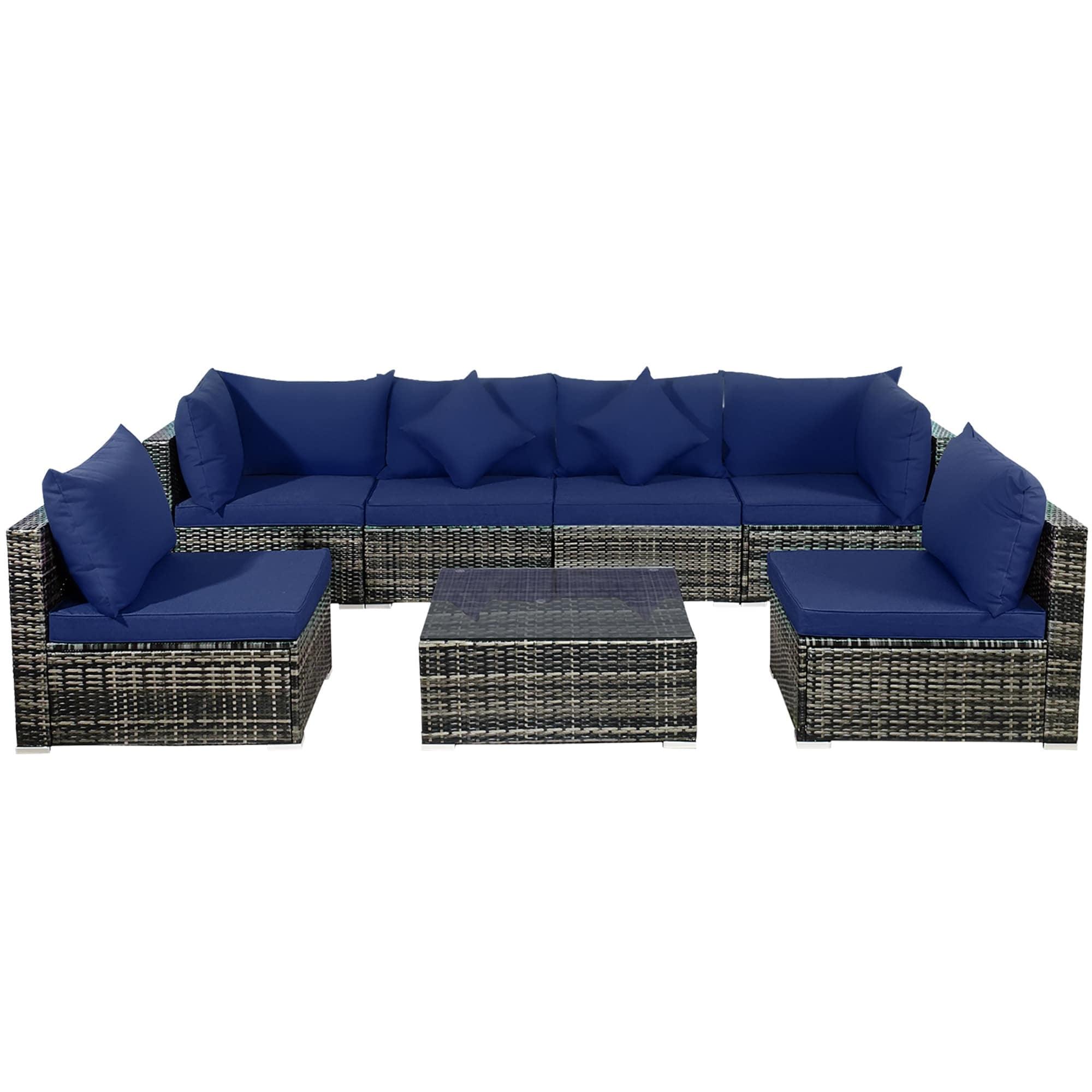 Costway 7PCS Patio Rattan Furniture Set Sectional Sofa Cushioned Garden Navy