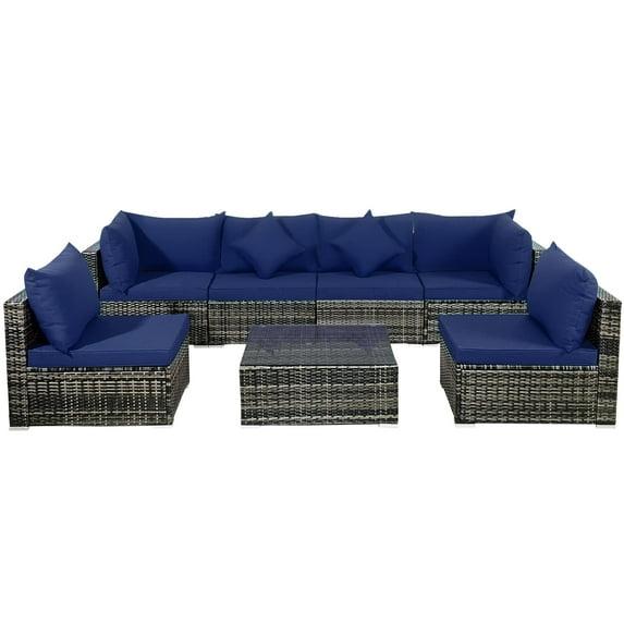 Costway 7PCS Patio Rattan Furniture Set Sectional Sofa Cushioned Garden Navy