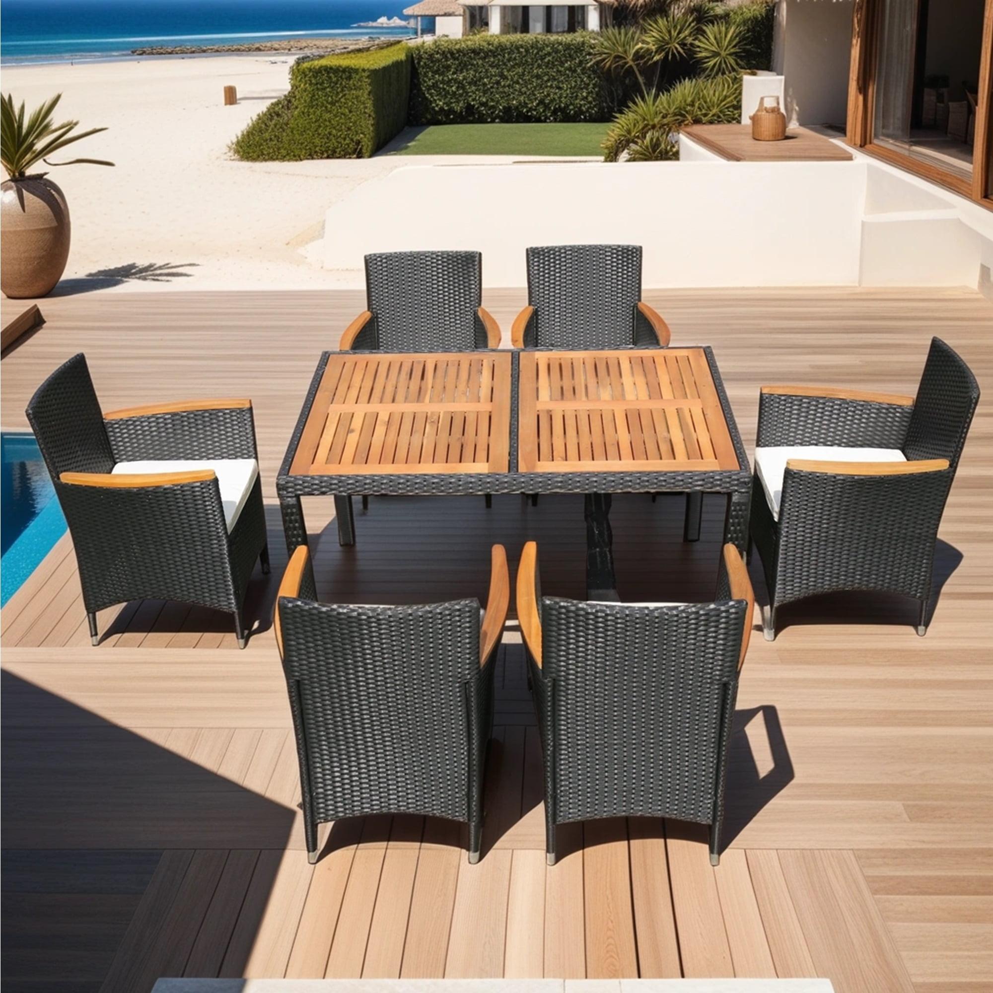 7 Piece Outdoor Patio Dining Set Indoor Outdoor Wicker Dining Furniture Set with Brown Rattan Dining Table and Chairs with Cushions, Reddish-brown Tabletop