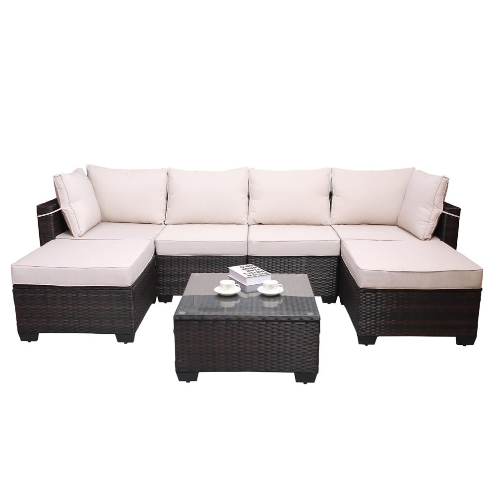 6-Piece Brown Wicker Outdoor Sectional Set with Beige Cushions