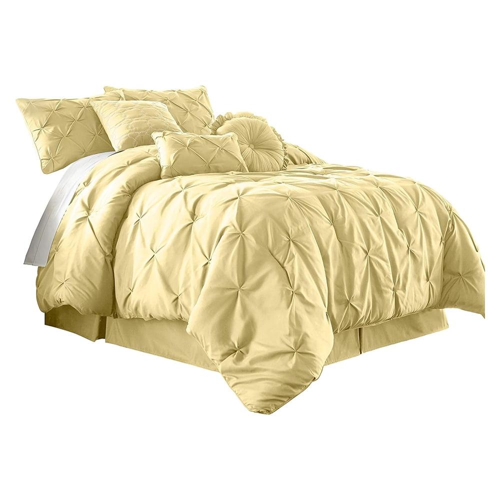 7-Piece Pinch Pleat Pintuck Bedding Comforter Set for Bedroom, Home, Dorm, Apartment, Full, Yellow