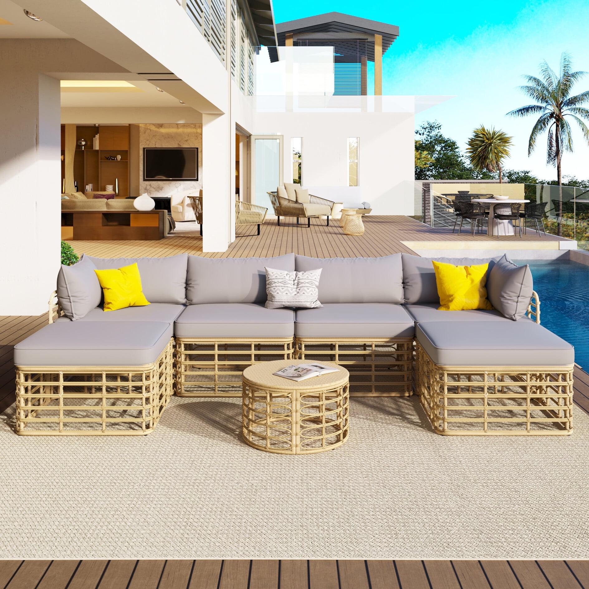 7-Piece Gray Cushioned Steel Frame Outdoor Sofa Set