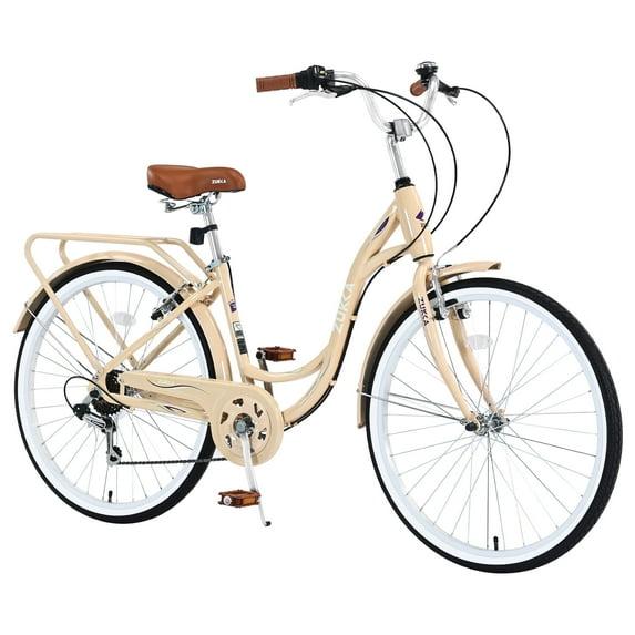 26" Womens Bike 7 Speeds Steel Frame Beach Cruiser Bike Comfort Ladies City Bike, Beige