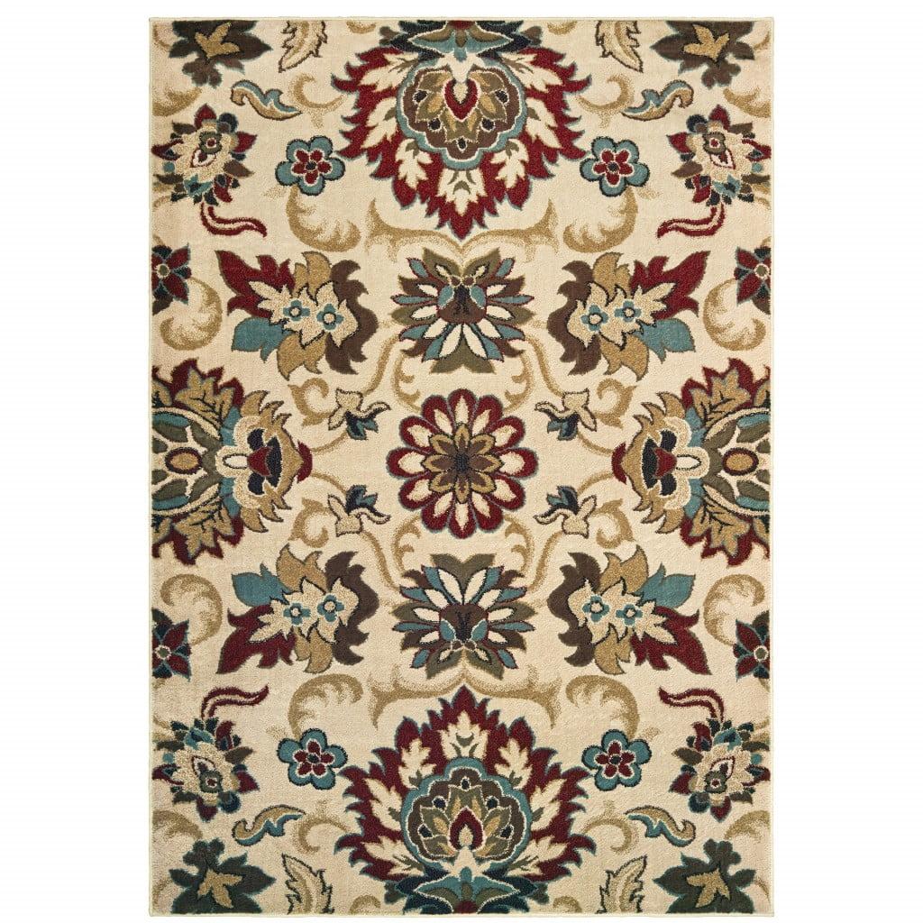 5' x 7' Ivory and Red Floral Synthetic Area Rug