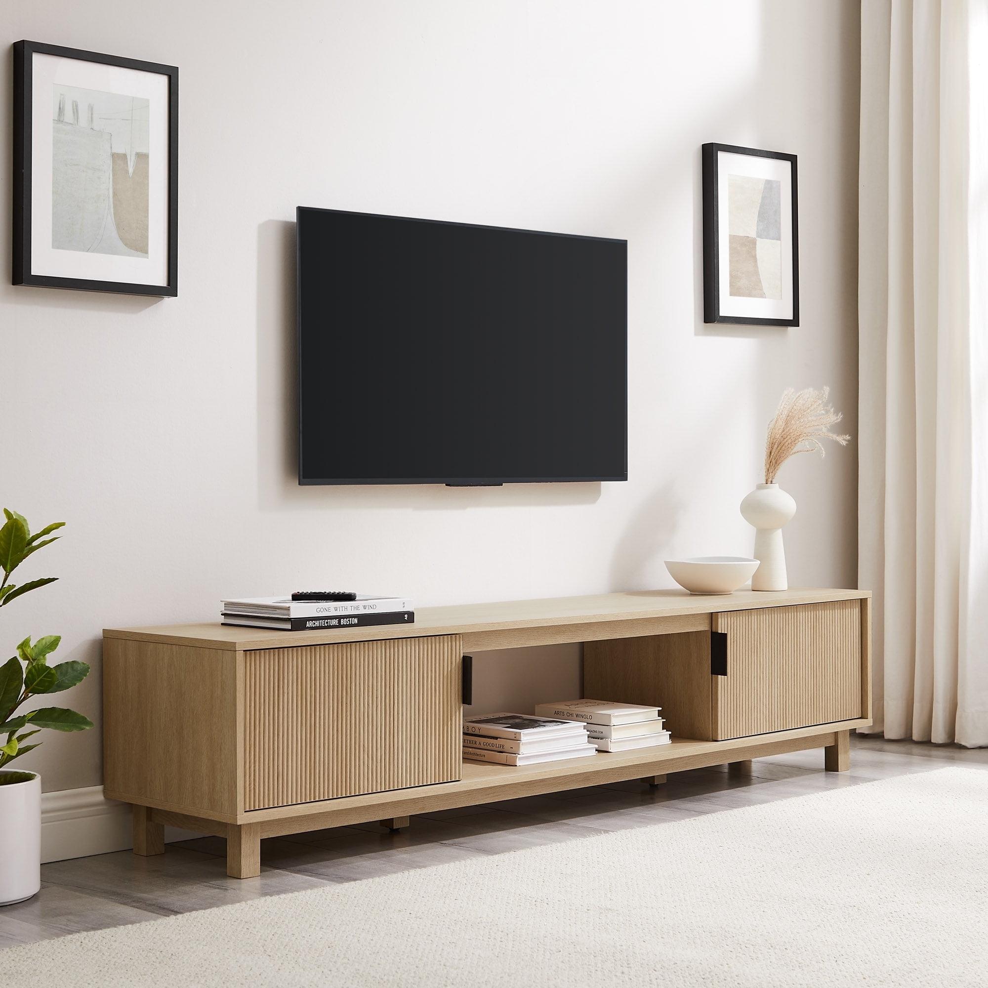 Walker Edison Mid-Century Modern Reeded 2-Door TV Stand for TVs up to 80”, Coastal Oak