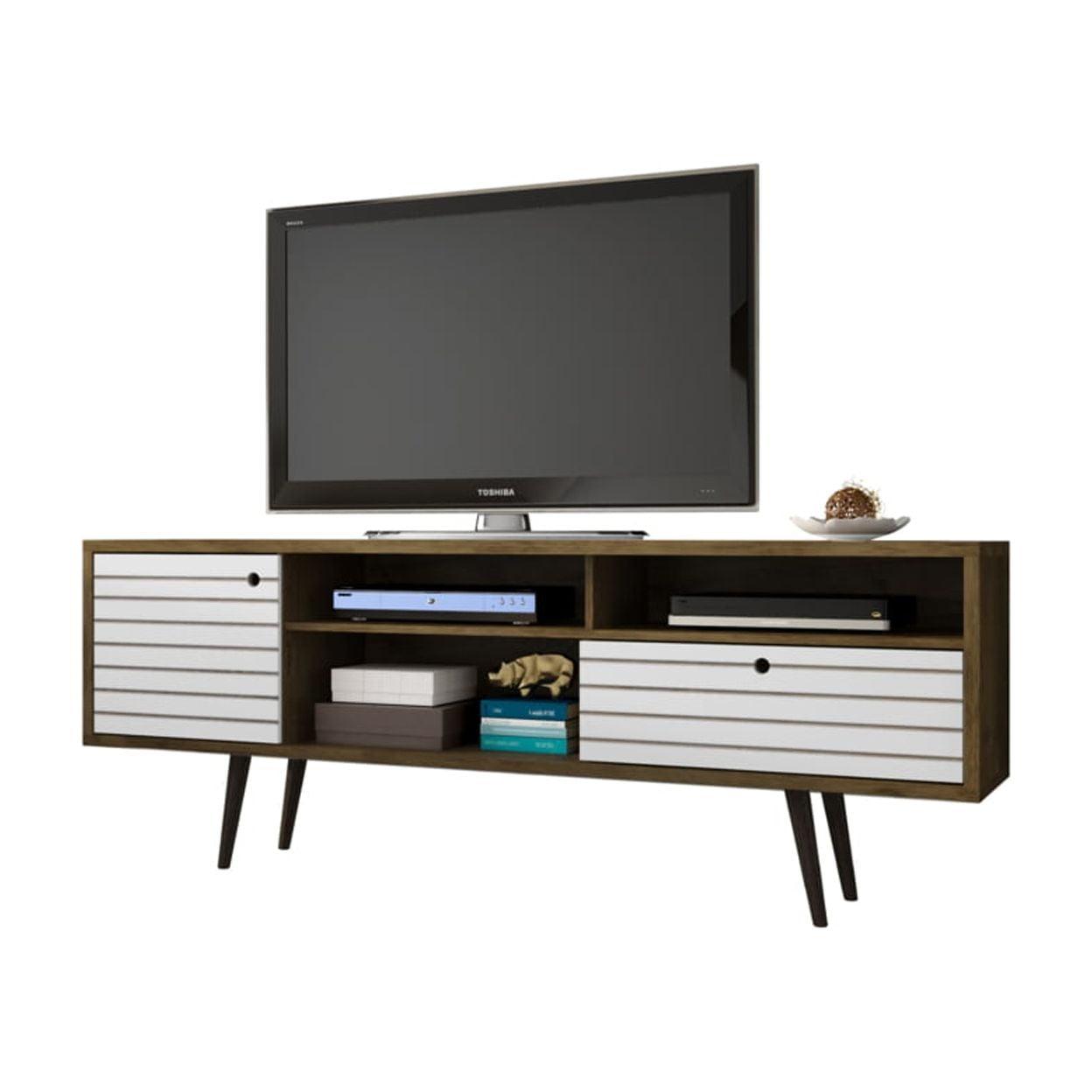 Rustic Brown and White Solid Wood 71" TV Stand with Cabinet