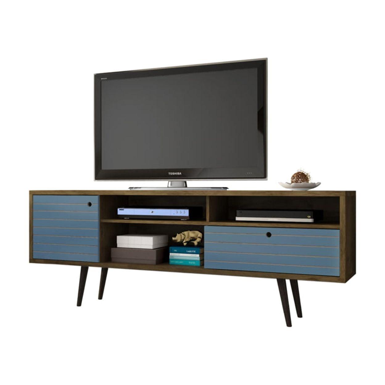 Liberty 3 Shelf and 1 Drawer TV Stand for TVs up to 65" Rustic Brown/Aqua Blue - Manhattan Comfort: Entertainment Center with Cable Management
