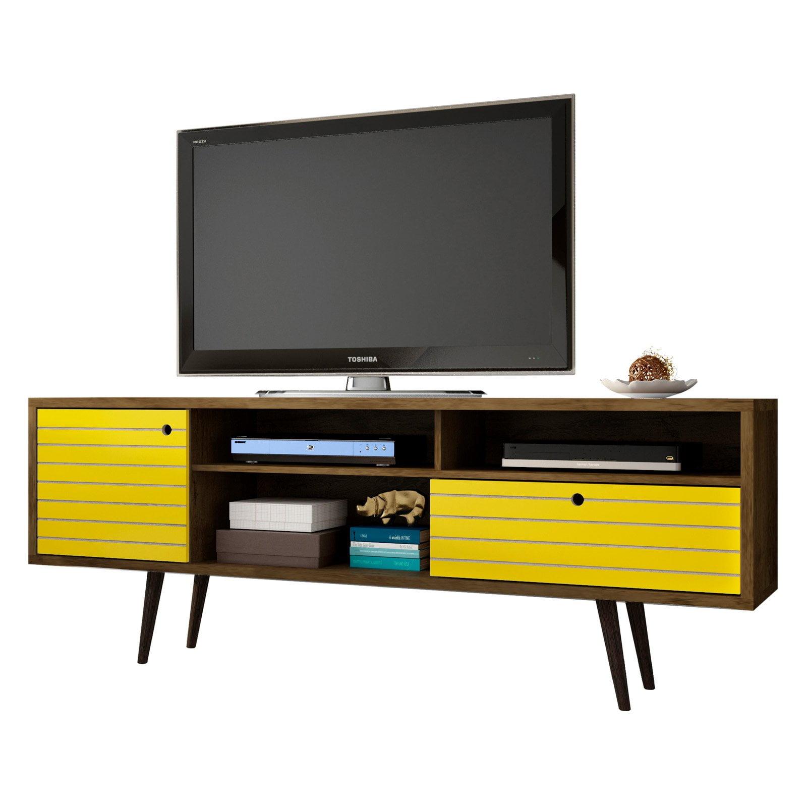 Manhattan Comfort 202AMC94 Liberty 70.86 in. Mid Century - Modern TV Stand with Solid Wood Leg 4 Shelving Spaces & 1 Drawer in Rustic Brown & Yellow