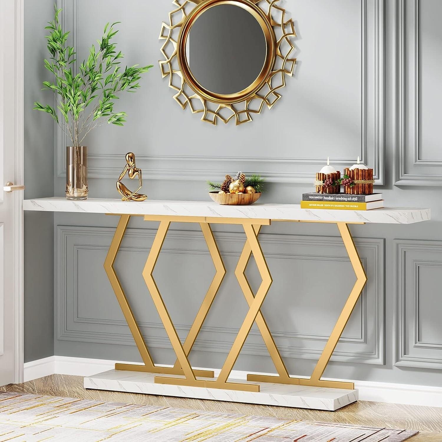 Modern Console Table, 70.9 Inch Extra Long Sofa Table with Faux Marble Tabletop Base Gold Frame for Living Room, White Gold White