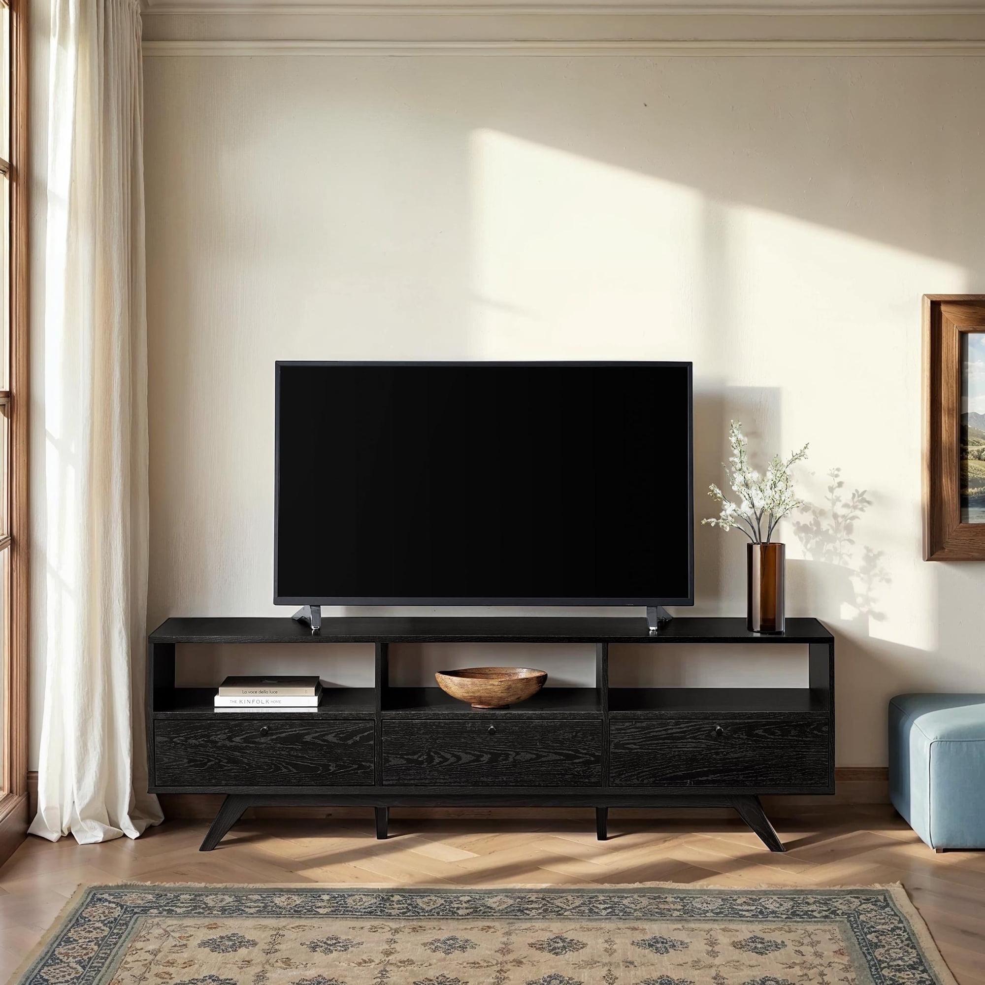 Walker Edison Mid-Century Modern Storage TV Stand for TVs up to 80”, Black