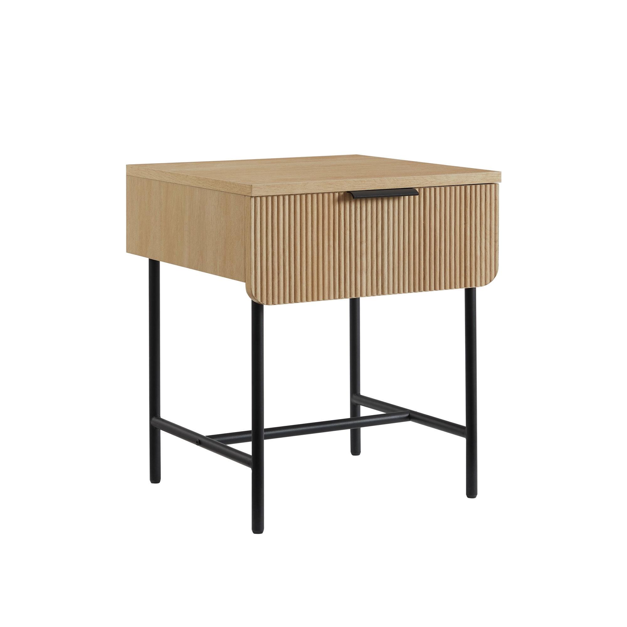 Natural Wood and Black Metal Modern End Table with Drawer