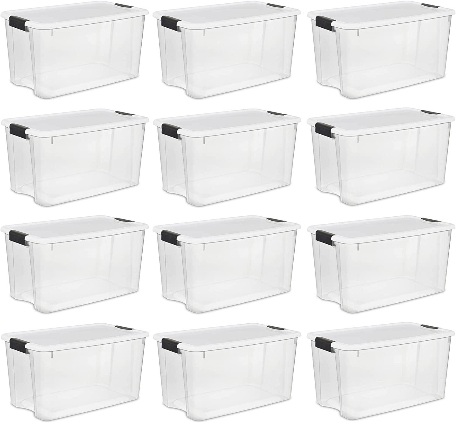 Sterilite Ultra Latch Box, Stackable Storage Bin with Lid, Plastic Container with Heavy Duty Latches to Organize, Clear and White Lid