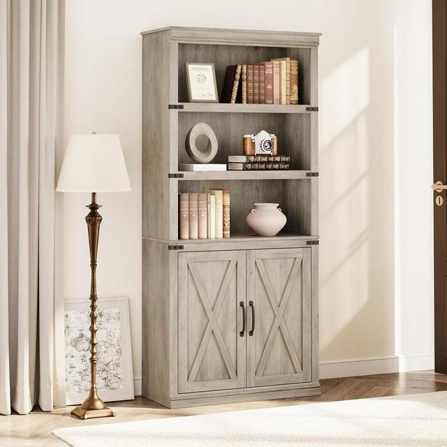 5-Tier Wooden Bookshelves with Cabinet Doors and Bookcases with Doors Floor Bookshelves and Office Storage Cabinets