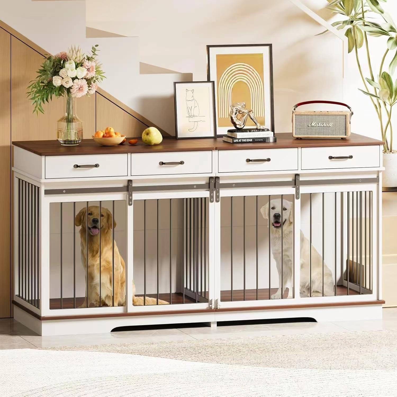 FUFU&GAGA Wooden Double Dog Crate Kennel Furniture with 2 Drawers & Divider White