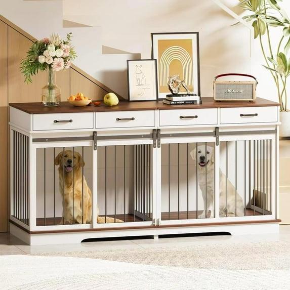 FUFU&GAGA Wooden Double Dog Crate Kennel Furniture with 2 Drawers & Divider White