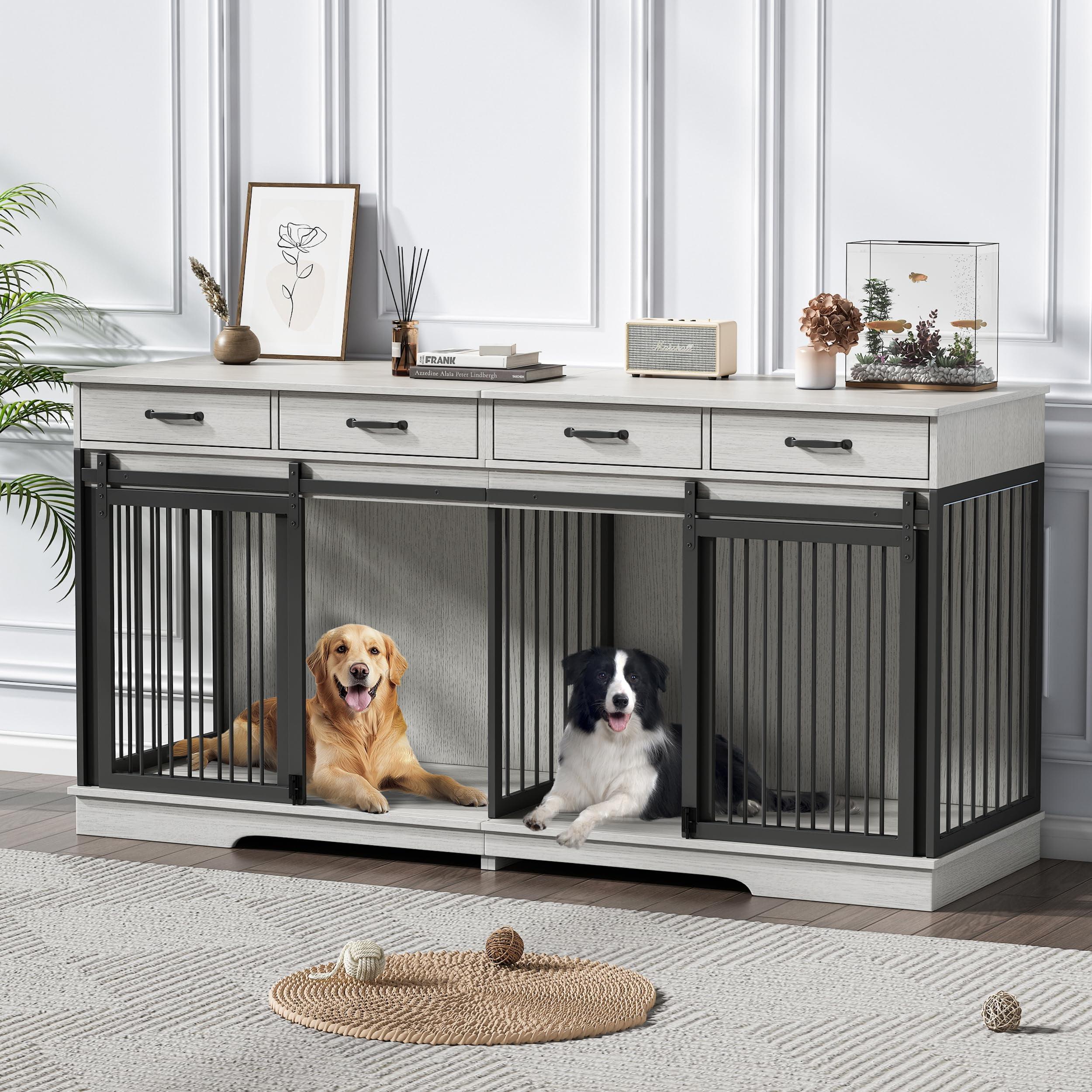 FUFU&GAGA Wooden Double Dog Crate Kennel Furniture with 2 Drawers & Divider White