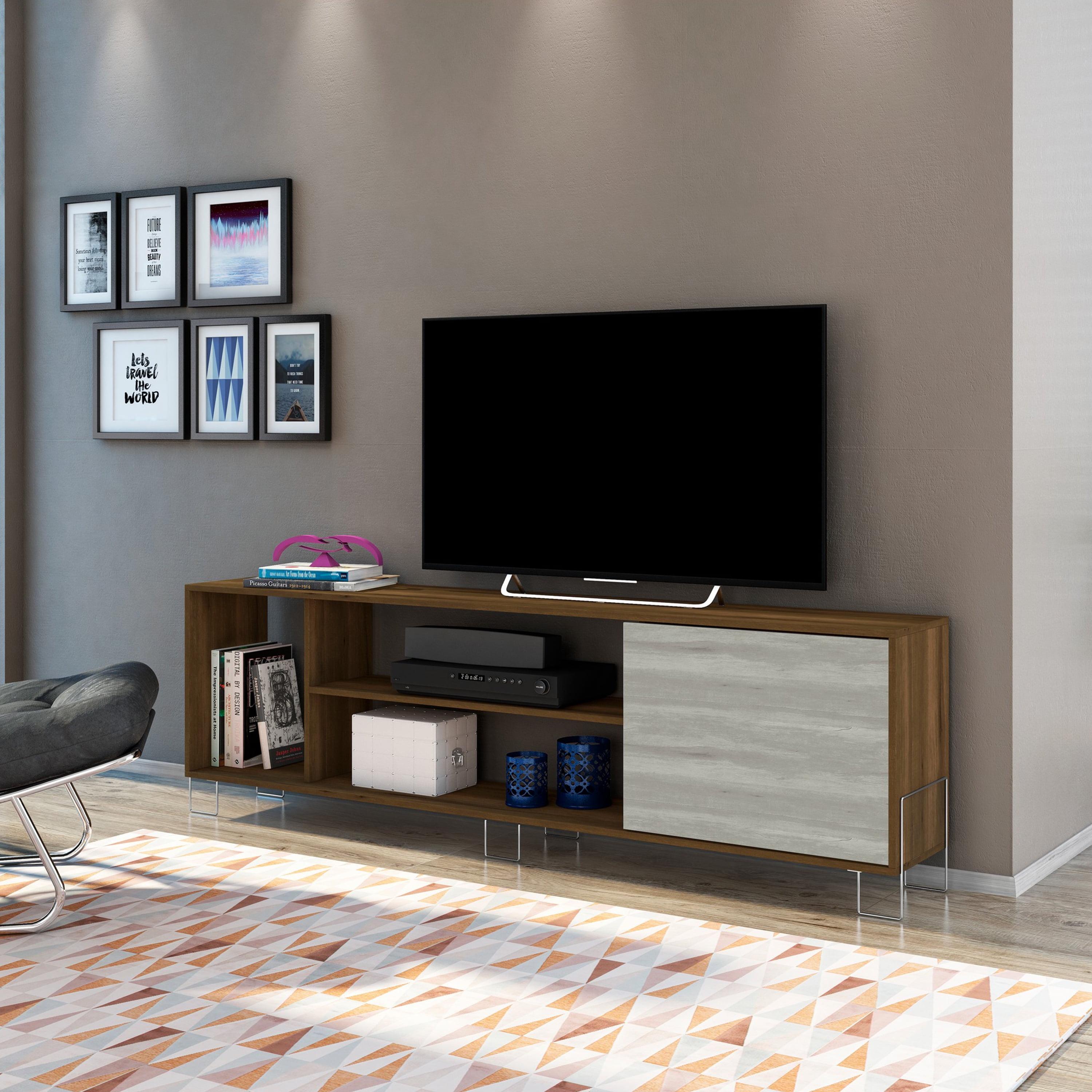Modern Two-Tone White and Brown 71" Wooden TV Stand with Open Shelves