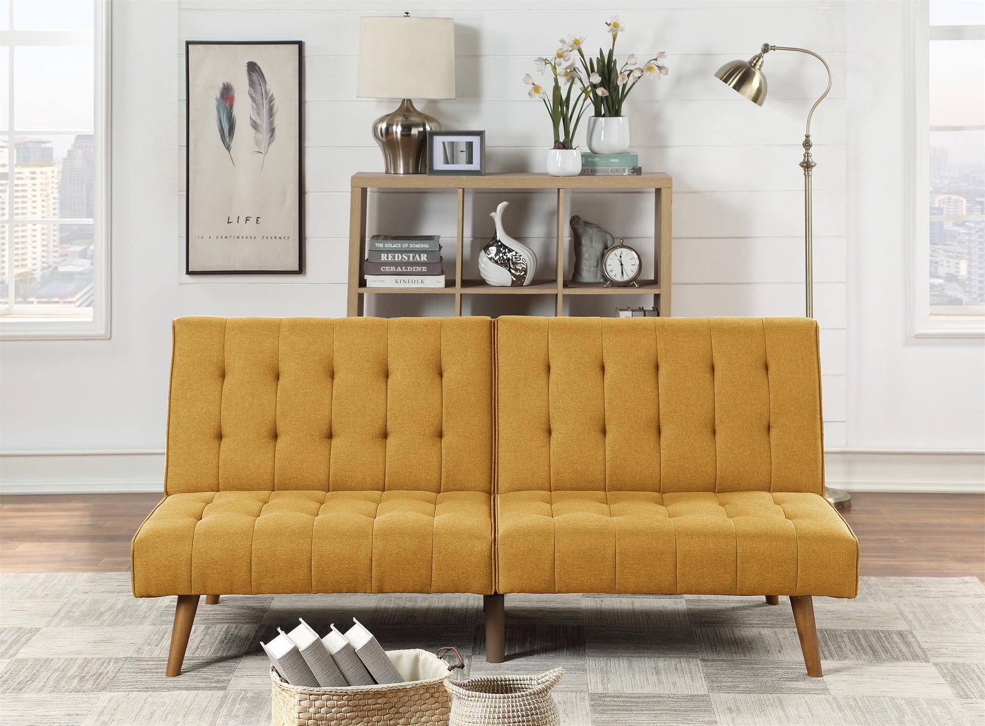 Mustard Yellow Faux Leather 65" Tufted Sleeper Sofa