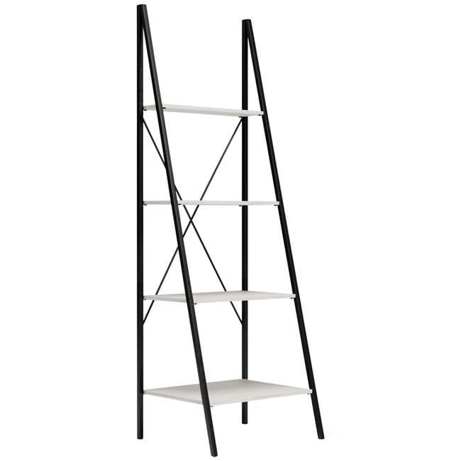 71 in. Gem Angled Ladder Design Black Metal Frame Leaning Bookcase, White