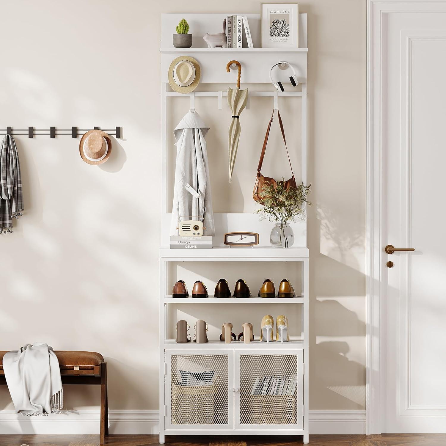 White MDF Hall Tree with Storage and Hooks