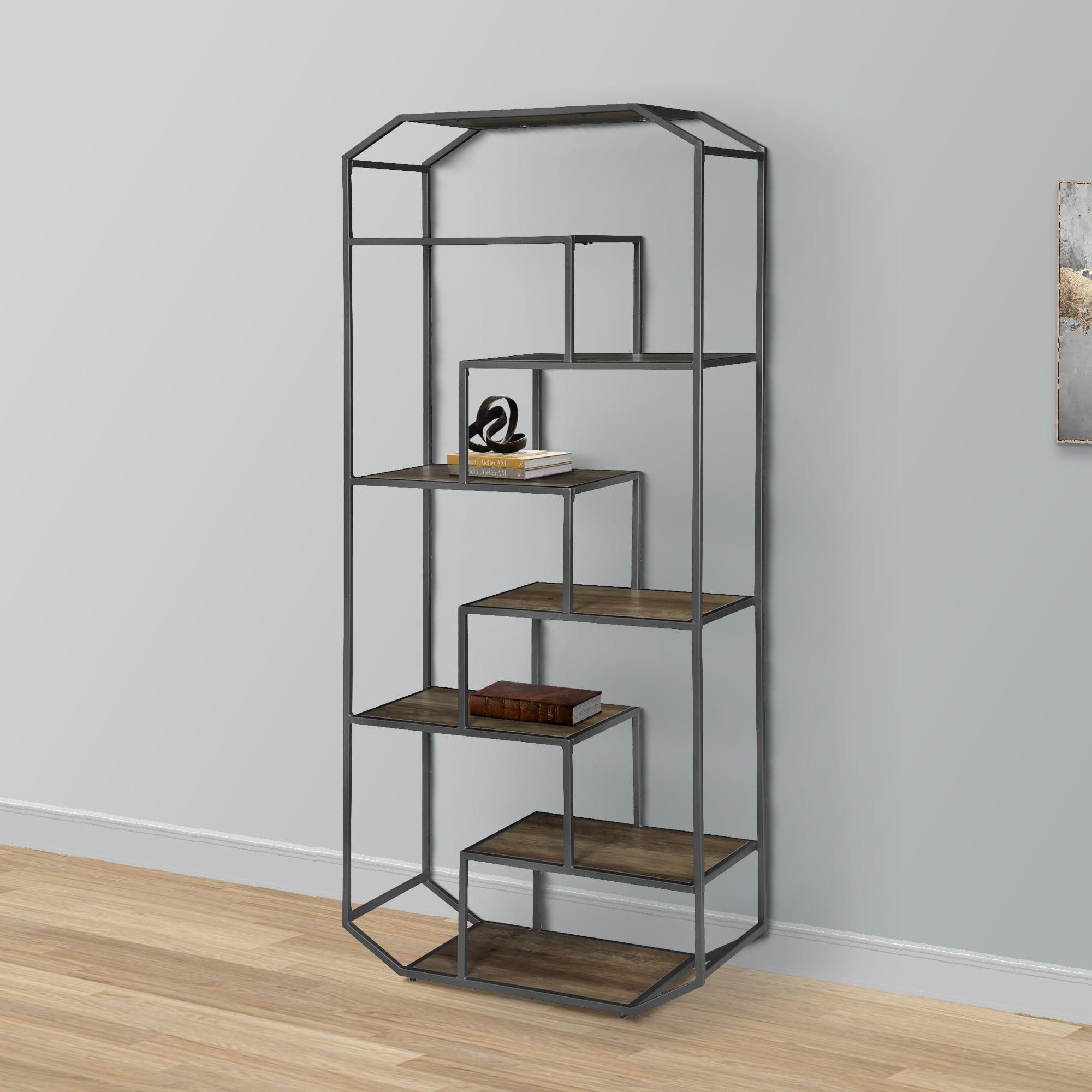 72 Inch Wood Bookcase, Geometric Metal Frame, 7 Shelves, Gray, Brown