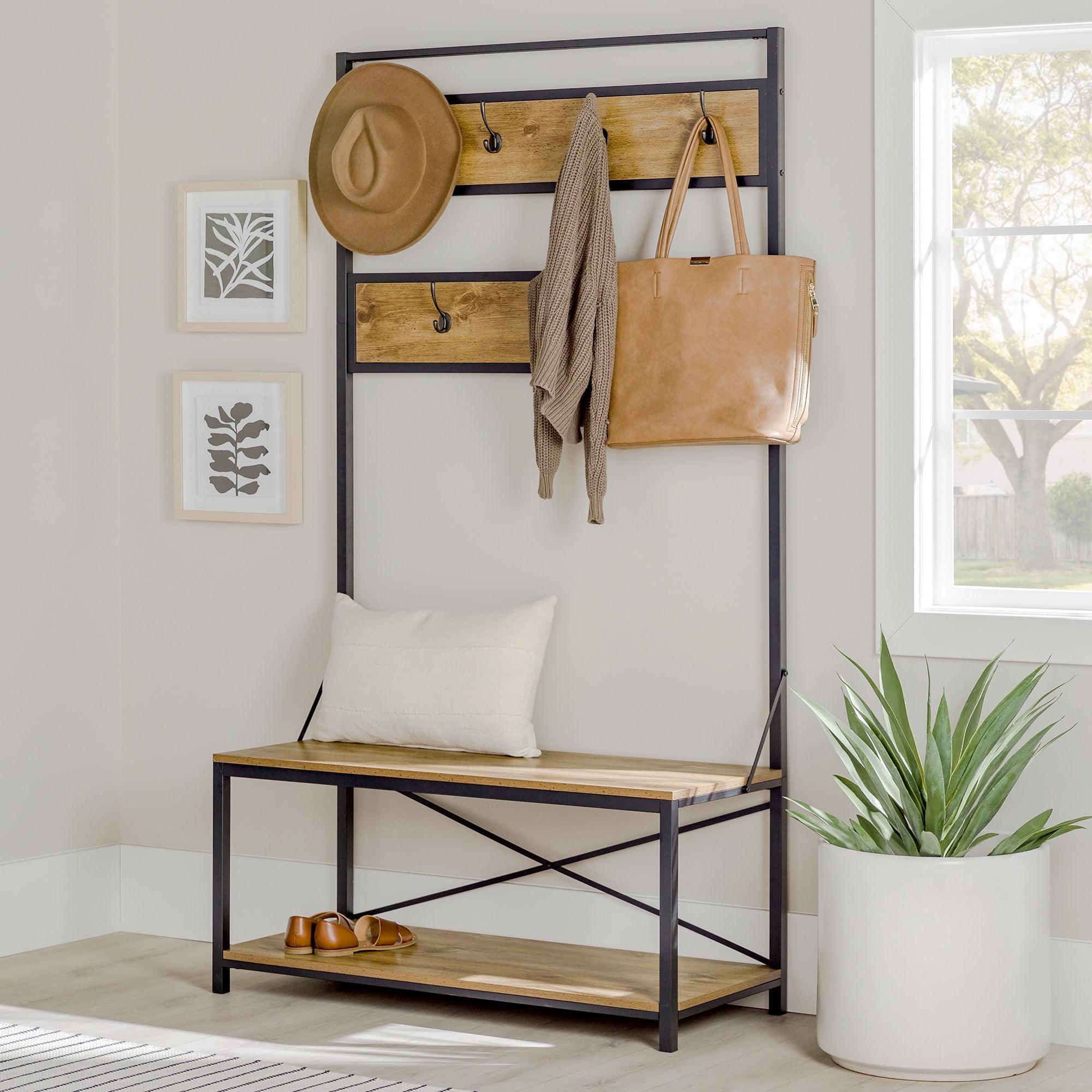 Walker Edison Industrial Hall Tree with Bench and Coat Hooks, Barnwood