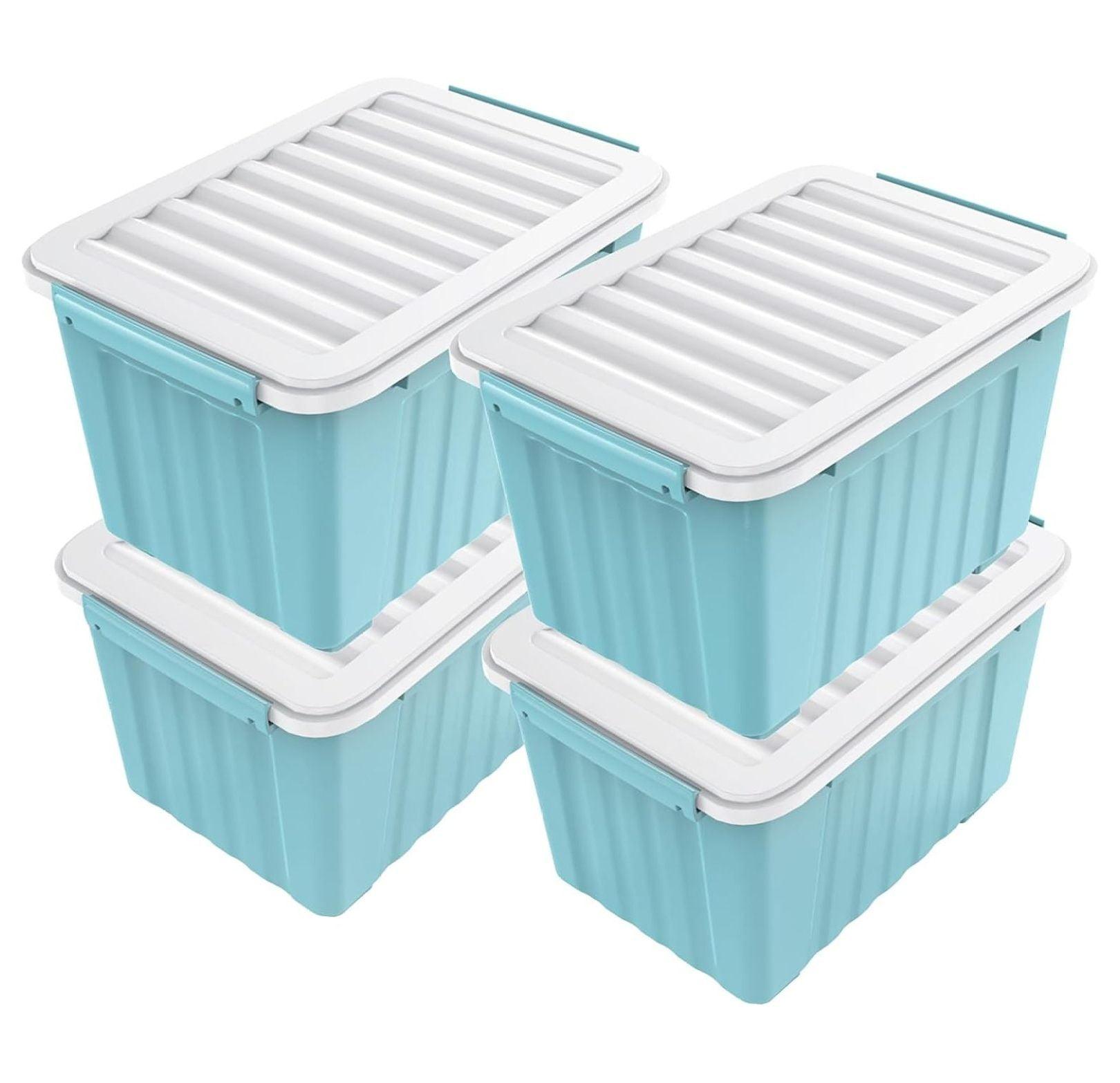 72 Quart Plastic Storage Bin, Stackable and Nestable Storage Boxes with Lids and Secure Latching Buckles, Large Storage Container (Blue, 72Quart-4Pack)