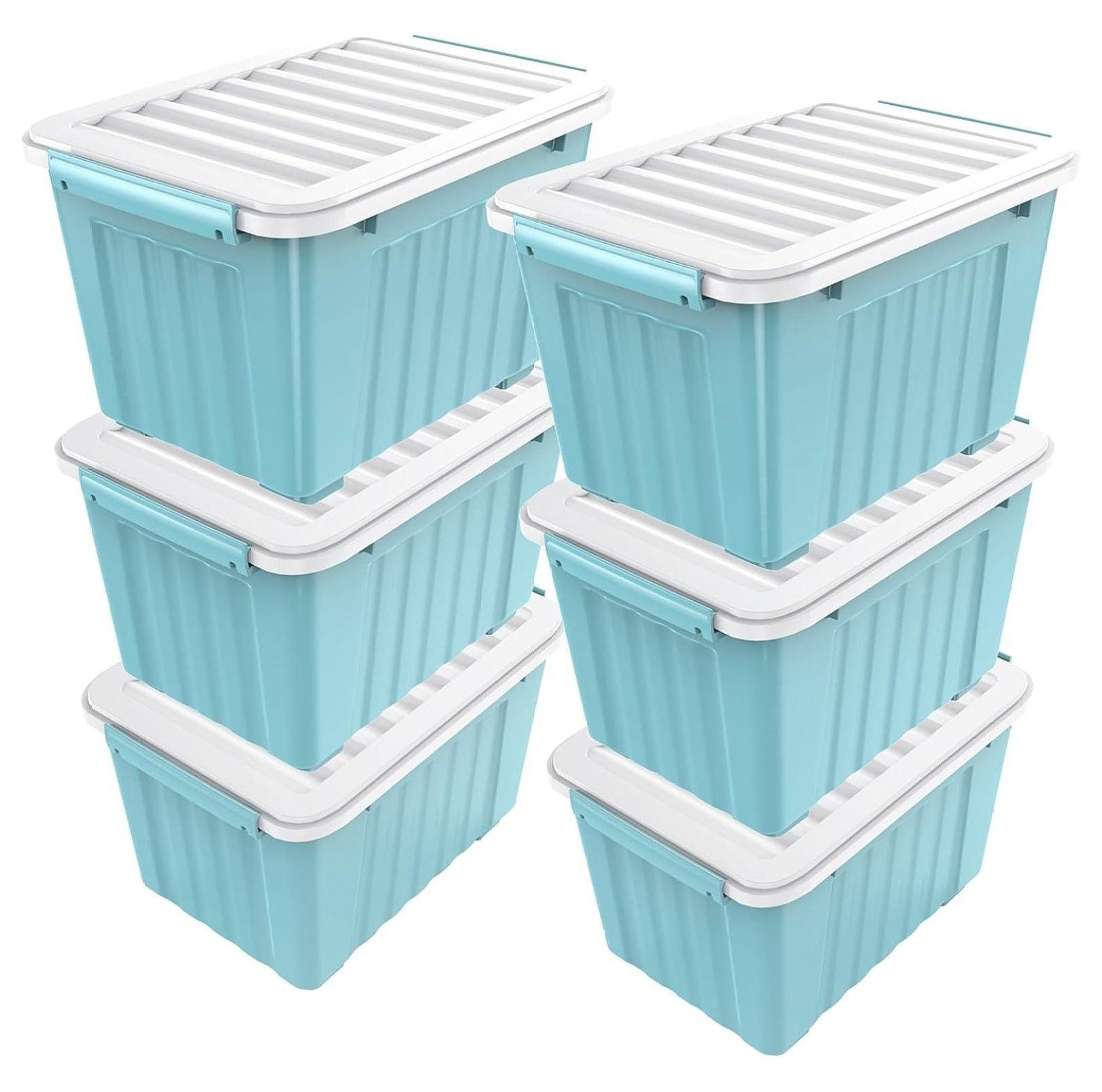 Blue 72 Quart Stackable Plastic Storage Bins with Lids, 6-Pack