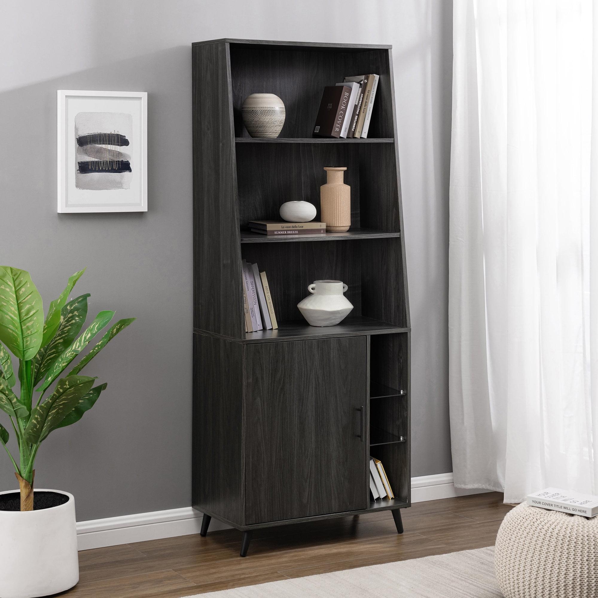 72" Wood Cabinet Bookcase with Glass Shelves - Black Graphite