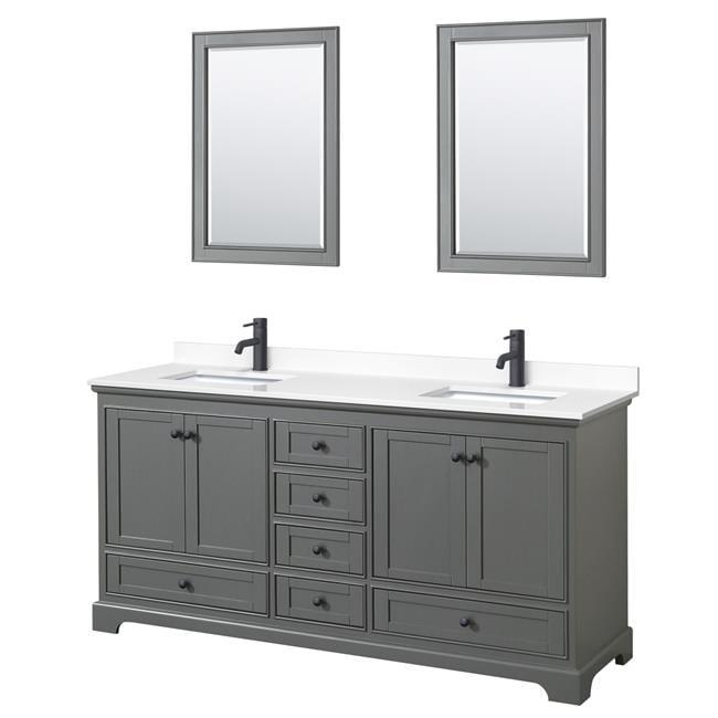 Deborah 72'' Dark Gray Double Vanity with White Marble Top and Matte Black Hardware