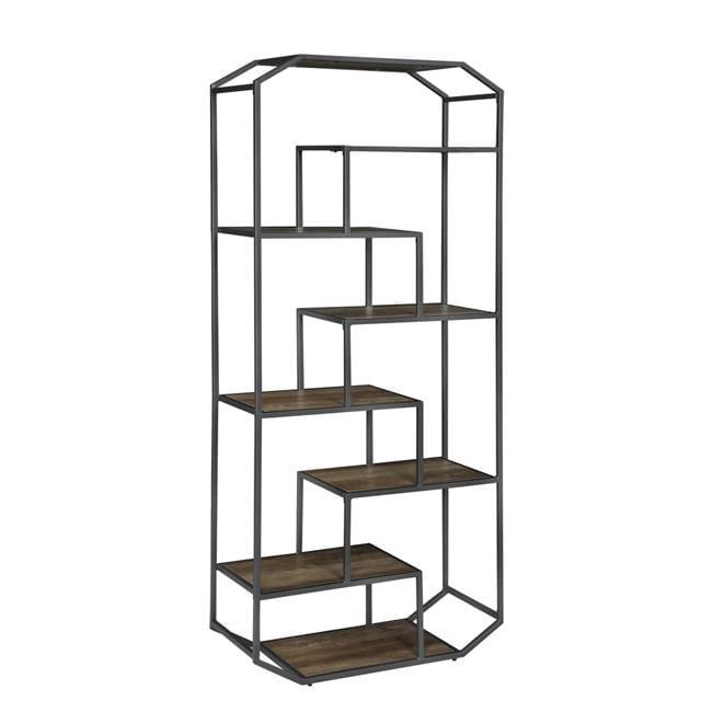 Adjustable Rustic Brown Wood Bookcase with Geometric Metal Frame