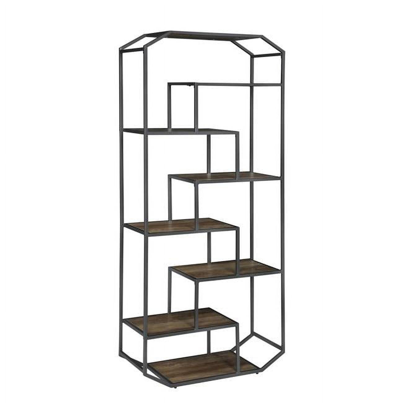 Adjustable Rustic Brown Wood Bookcase with Geometric Metal Frame