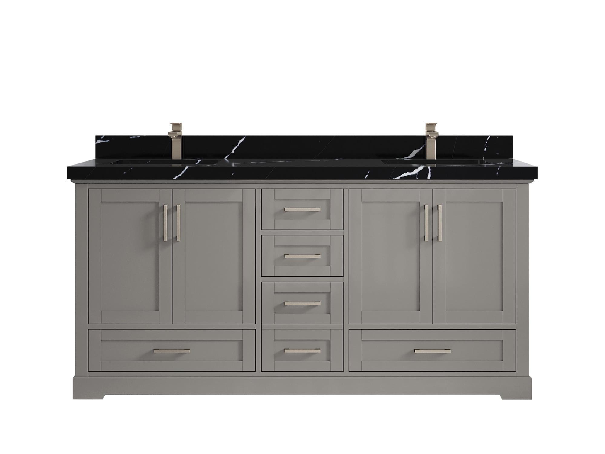 72 in Gray Double Sink Bathroom Vanity with Black Quartz Top