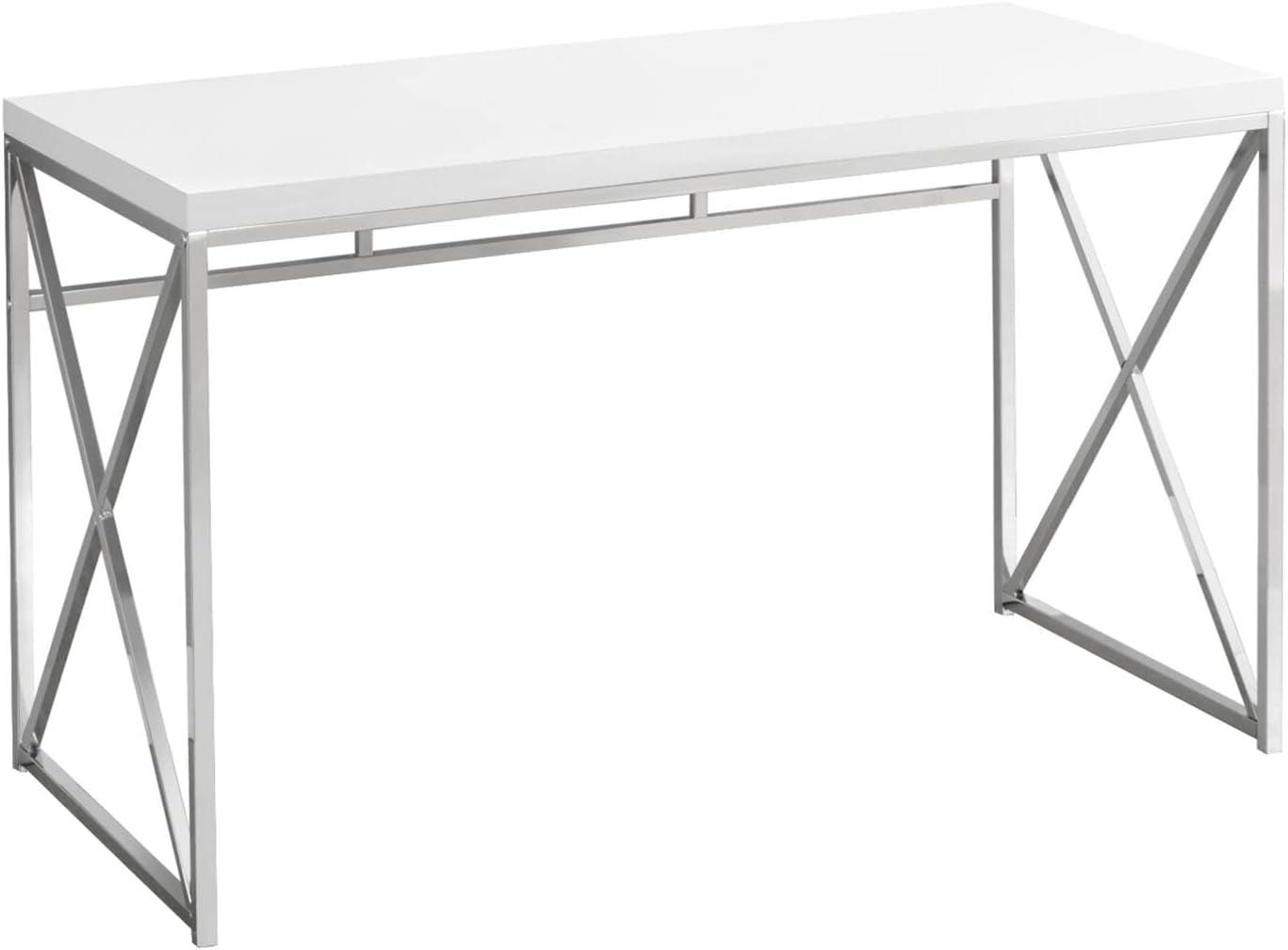 Compact Glossy White Corner Desk with Chrome X-Design Base and Drawer