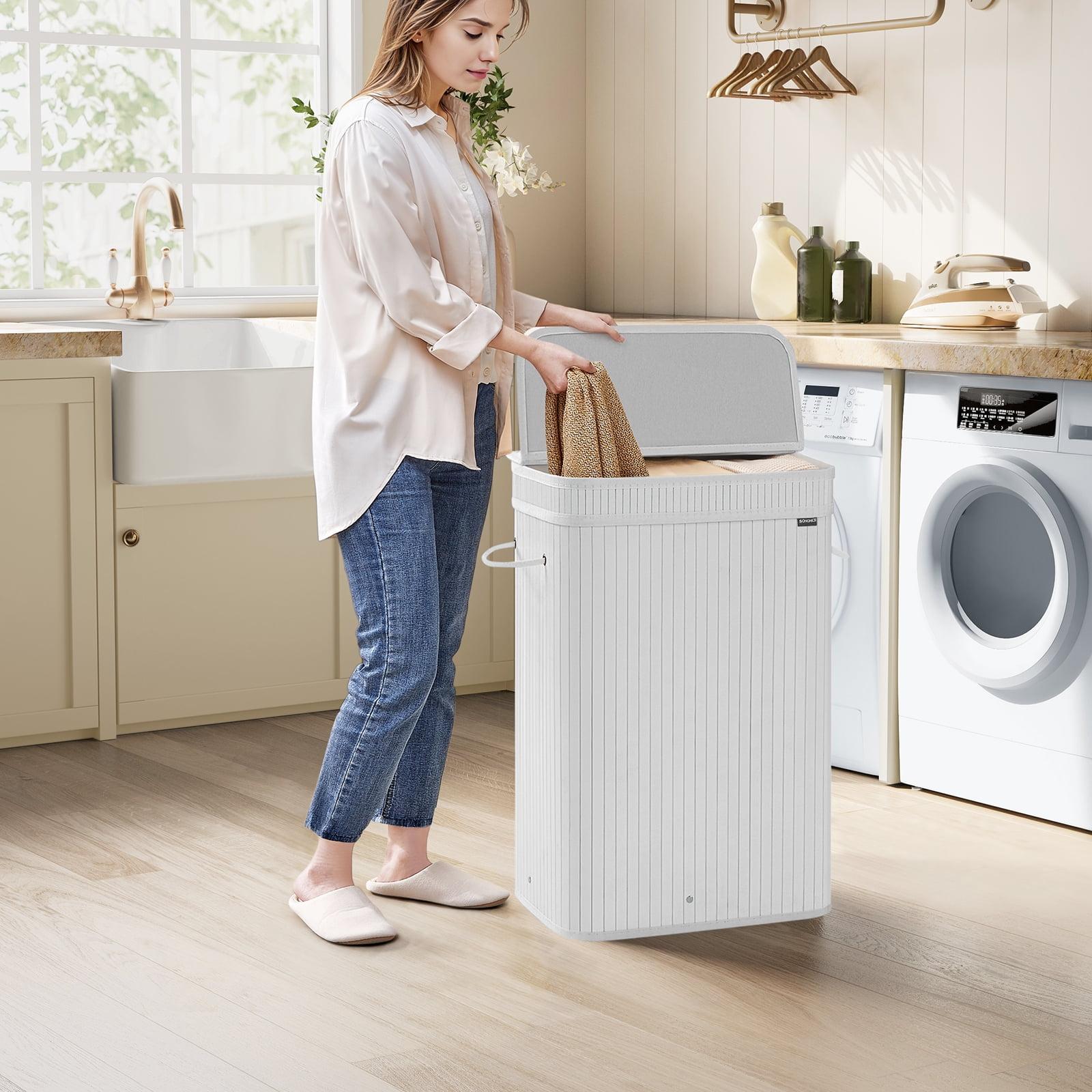 SONGMICS Laundry Hamper with Lid, Bamboo Laundry Basket, Removable Machine Washable Laundry Basket, with Handles, 19-Gallons, Cloud White