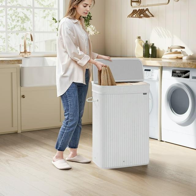 SONGMICS Laundry Hamper with Lid, Bamboo Laundry Basket, Removable Machine Washable Laundry Basket, with Handles, 19-Gallons, Cloud White