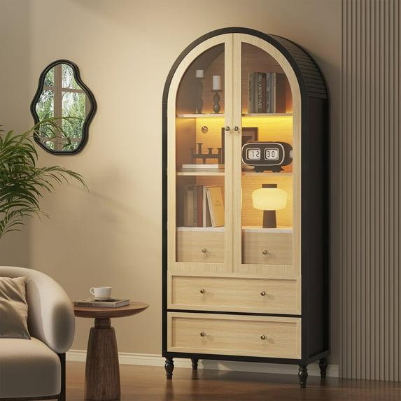 Alcott Hill® 73 Inch Tall Arched Storage Cabinet With Doors Arched Pantry Led Lighted Display Cabinet Bookshelf