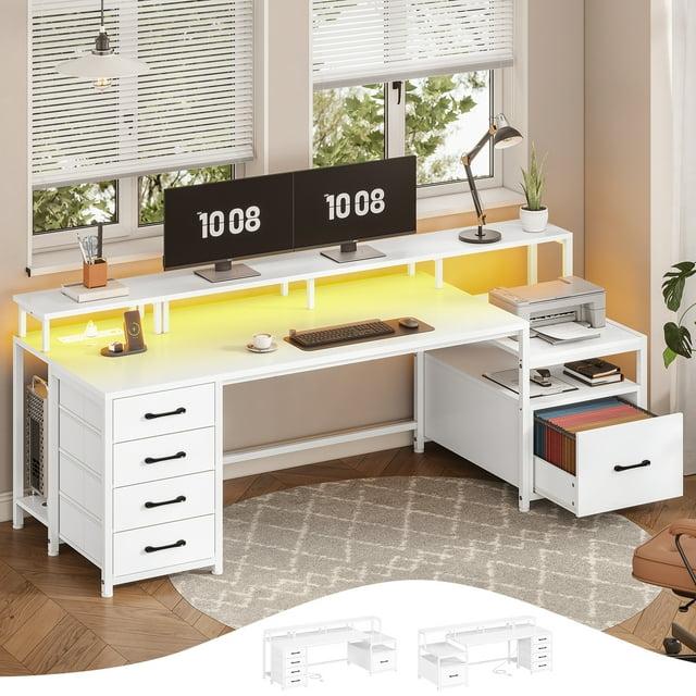 75 Inch Computer Desk with 5-Drawer Power Outlet & Led Lights, Home Office Desk with File Drawer, Storage Shelves, Printer Cabinet and Monitor Stand, Large Desktop Gaming Desk, White