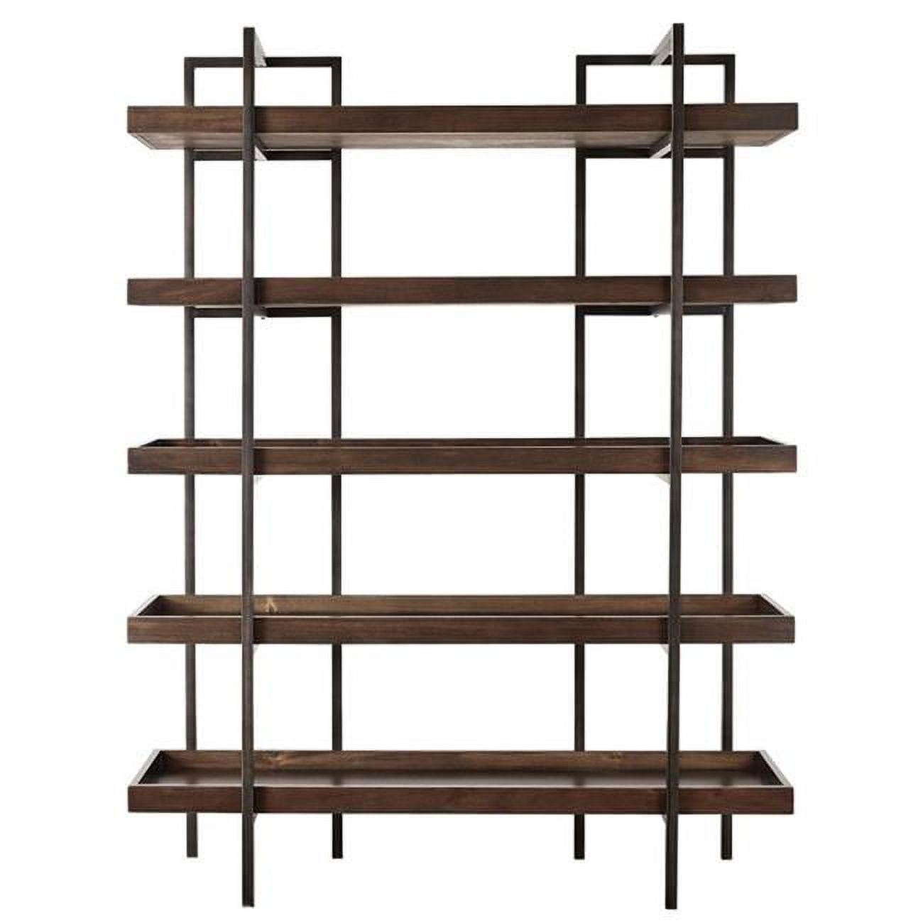 Walnut Brown Bookcase with Black Metal Frame and 5 Fixed Shelves