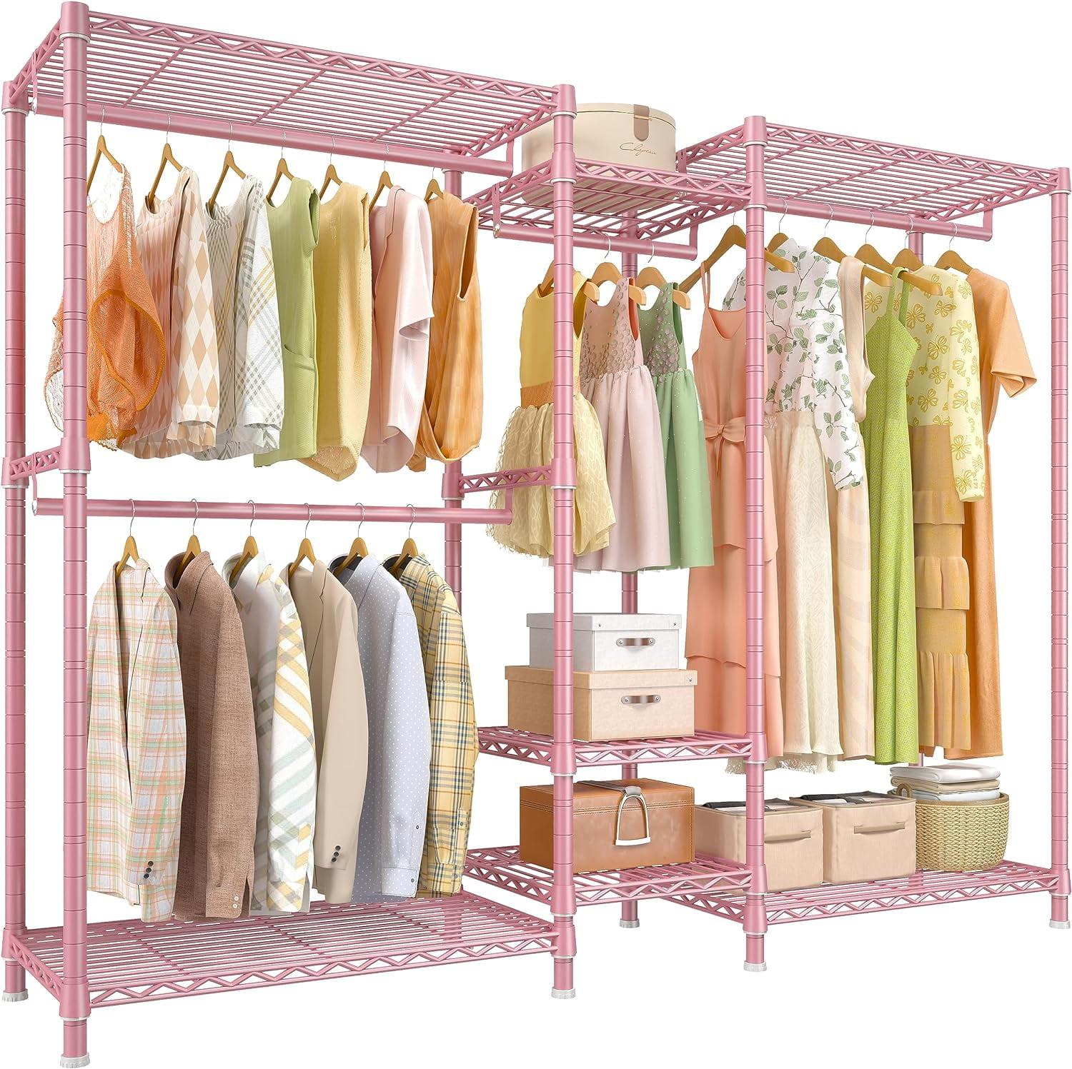 Pink Heavy Duty Metal Wire Portable Clothes Rack with Shelves