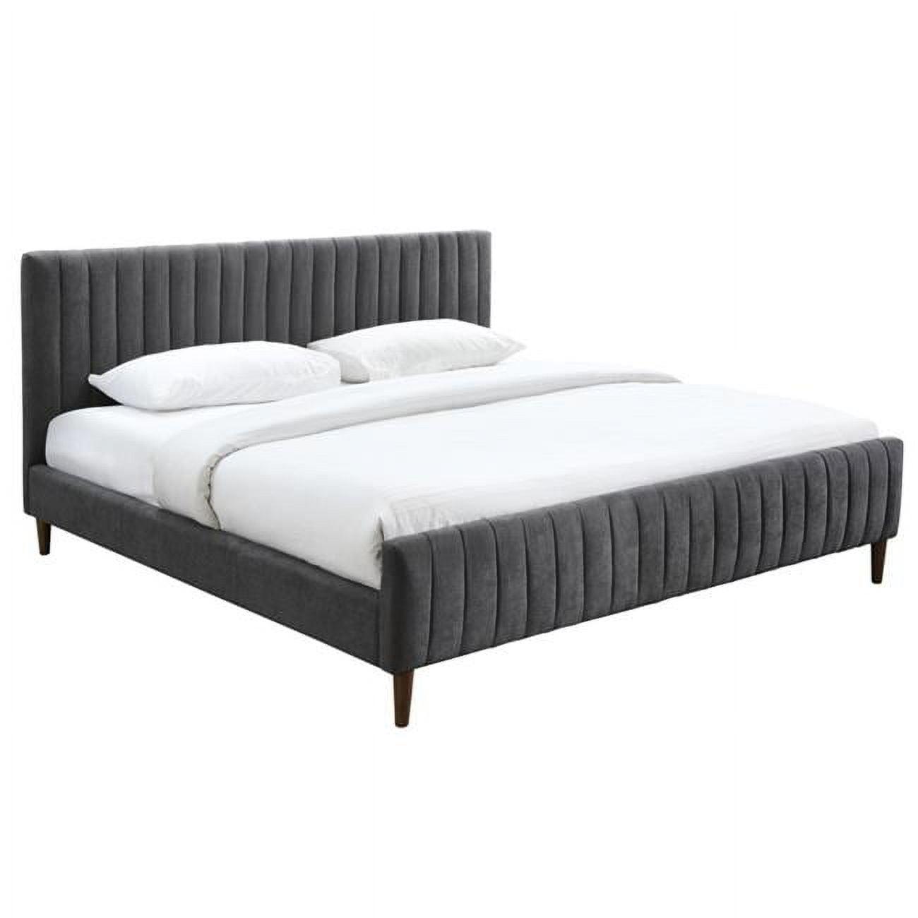 Charcoal King Velvet Upholstered Platform Bed with Tufted Headboard