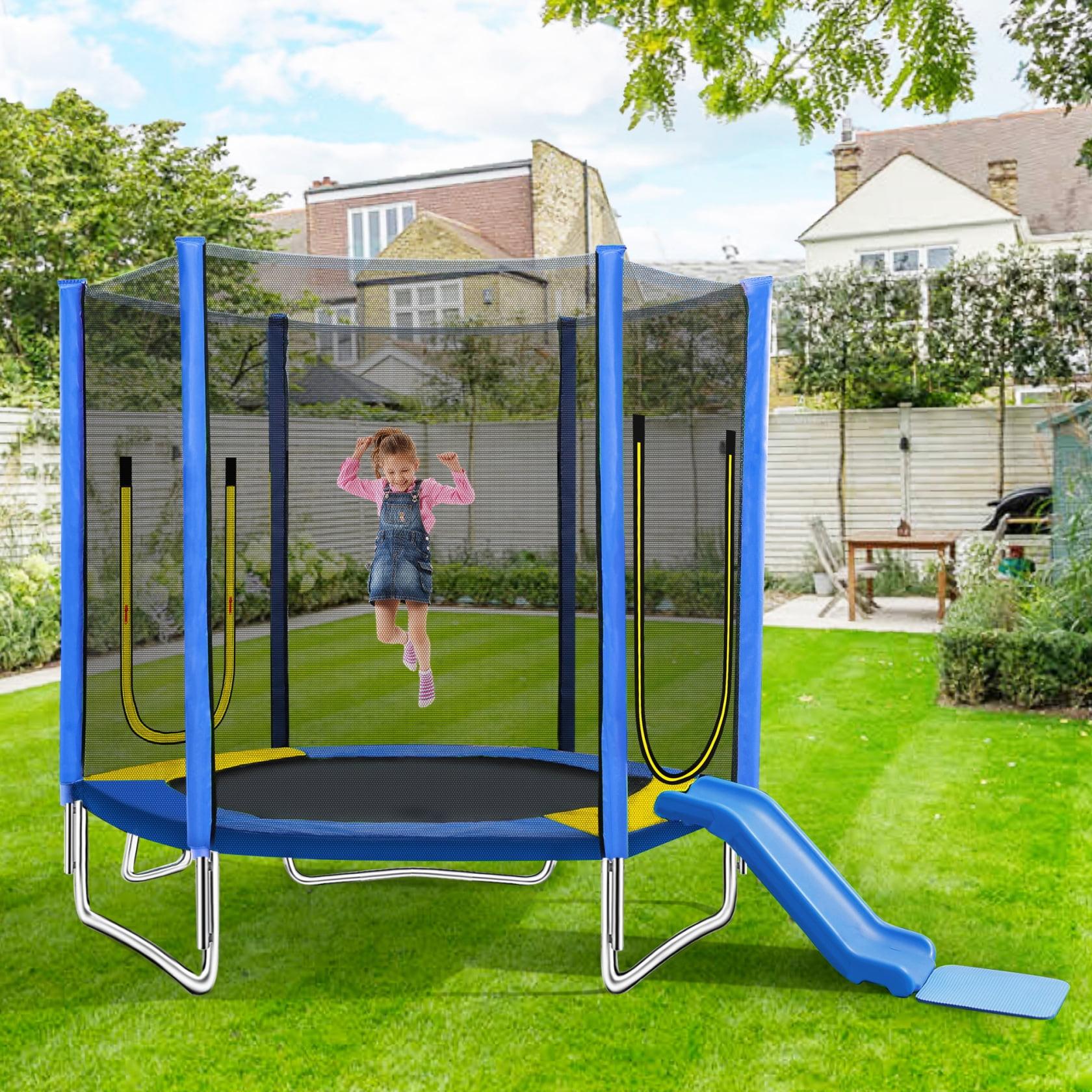 7FT Blue Round Kids' Trampoline with Enclosure and Slide