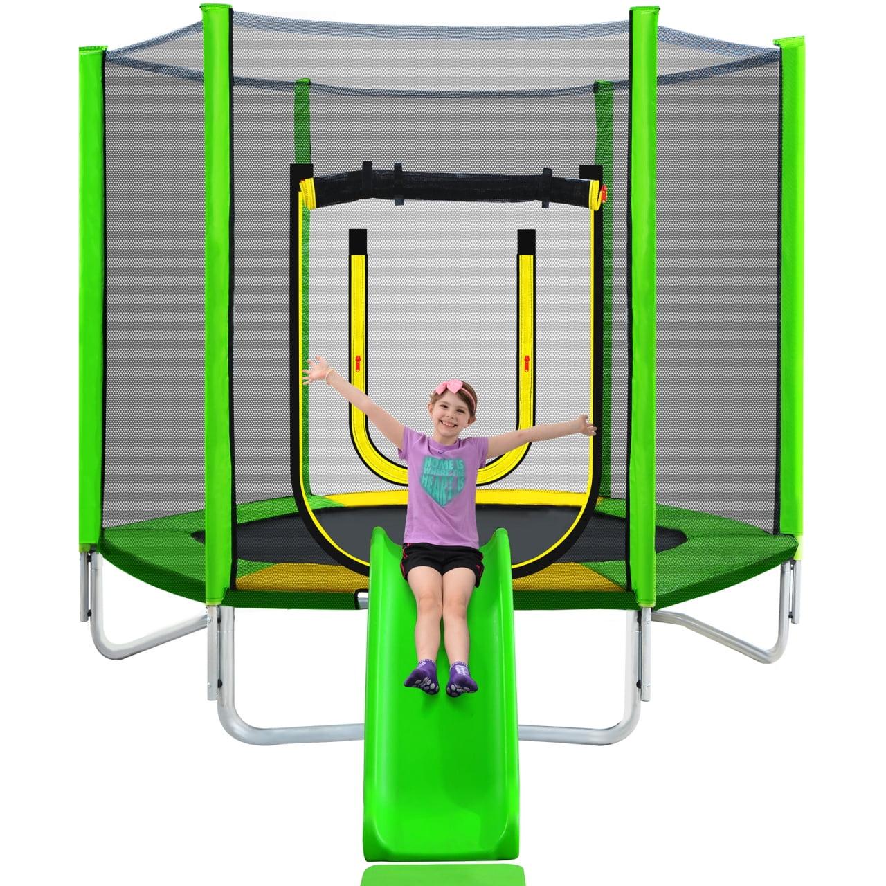 7FT Green Kids' Trampoline with Enclosure, Slide, and Ladder